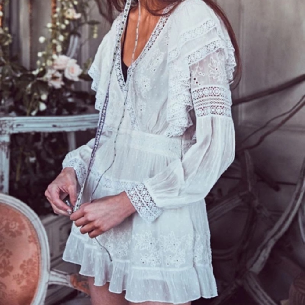 NEW Love Shack Fancy Simonna Floral Ruffle Lace Ivory Cream Boho Mini Dress 10 - Picture 3 of 16